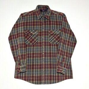 VTG FIVE BROTHER Plaid HEAVY Flannel Shirt Long Sleeve Men L T Burgundy Blue Tan